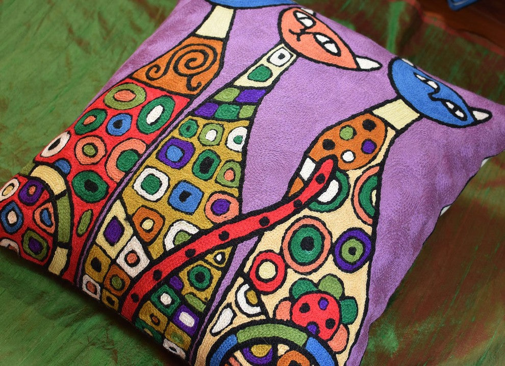 Modern Cats Purple Kitties Triplets Accent Pillow Cover Handmade Wool 18x18"