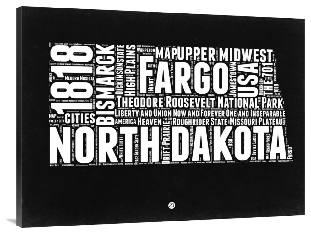 "North Dakota Black and White Map" Fine Art Print