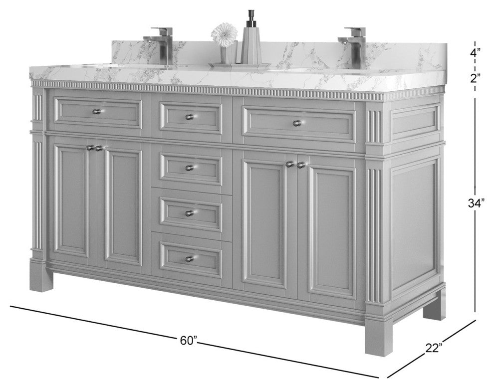 Paris 60" Double Sink Bathroom Vanity, Blue Heather 2" White Quartz