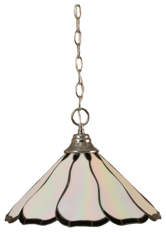 Chain Hung Pendant In Chrome, 16" Pearl and Black Flair Tiffany Glass