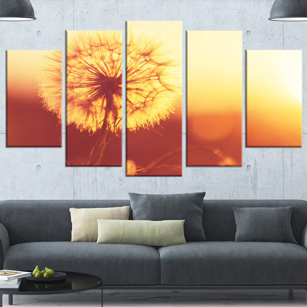 Blossom Dandelion Flower on Brown, Large Flower Canvas Print, 60"x32", 5 Panels