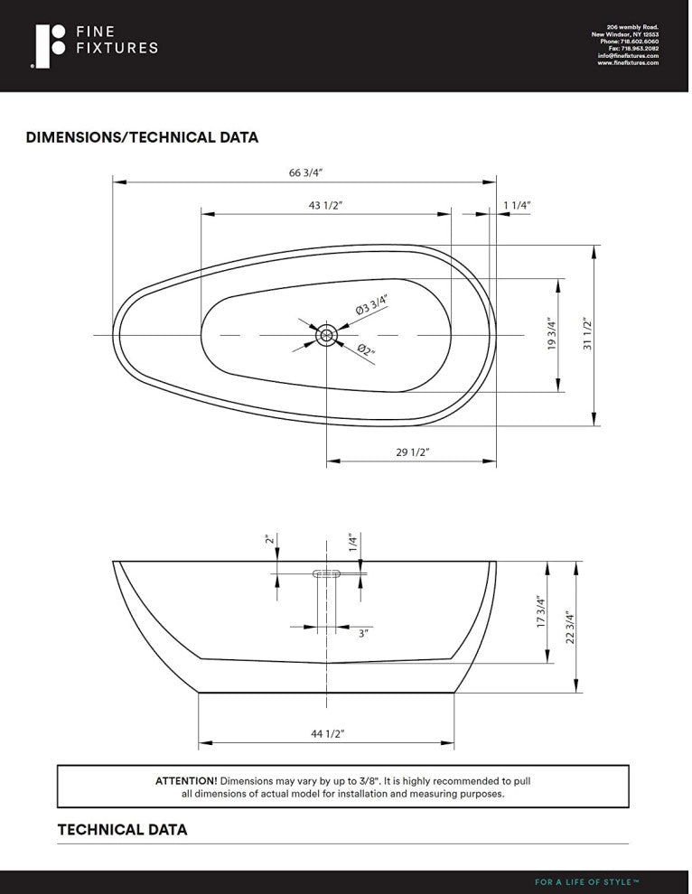 Fine Fixtures Capsule Freestanding Bathtub With Drain, White, 67"