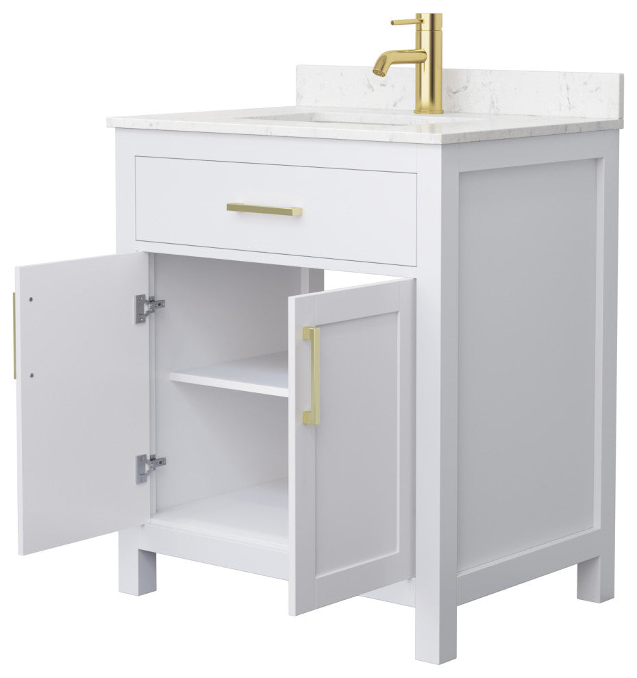 30" Single Bath Vanity White, Carrara Cult. Marble Countertop, Sink, Gold Trim