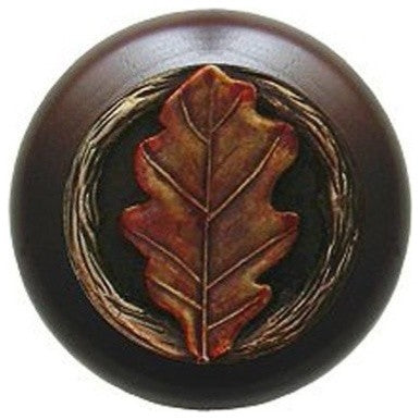 Oak Leaf Wood Knob in Hand-tinted Antique Brass/Dark Walnut wood finish