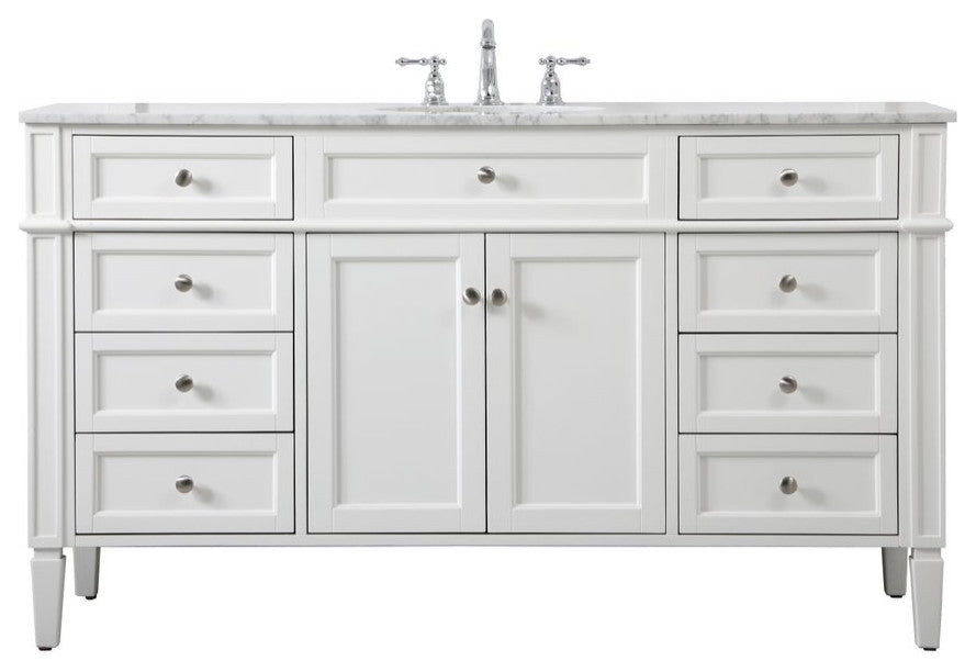 Home Living Vanity with Carrara White Marble Countertop, White, 60", Single Sink