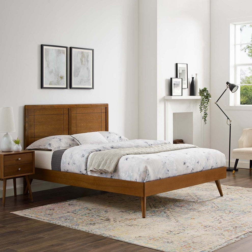Platform Bed Frame, Queen Size, Wood, Brown Walnut, Modern Mid-Century, Bedroom