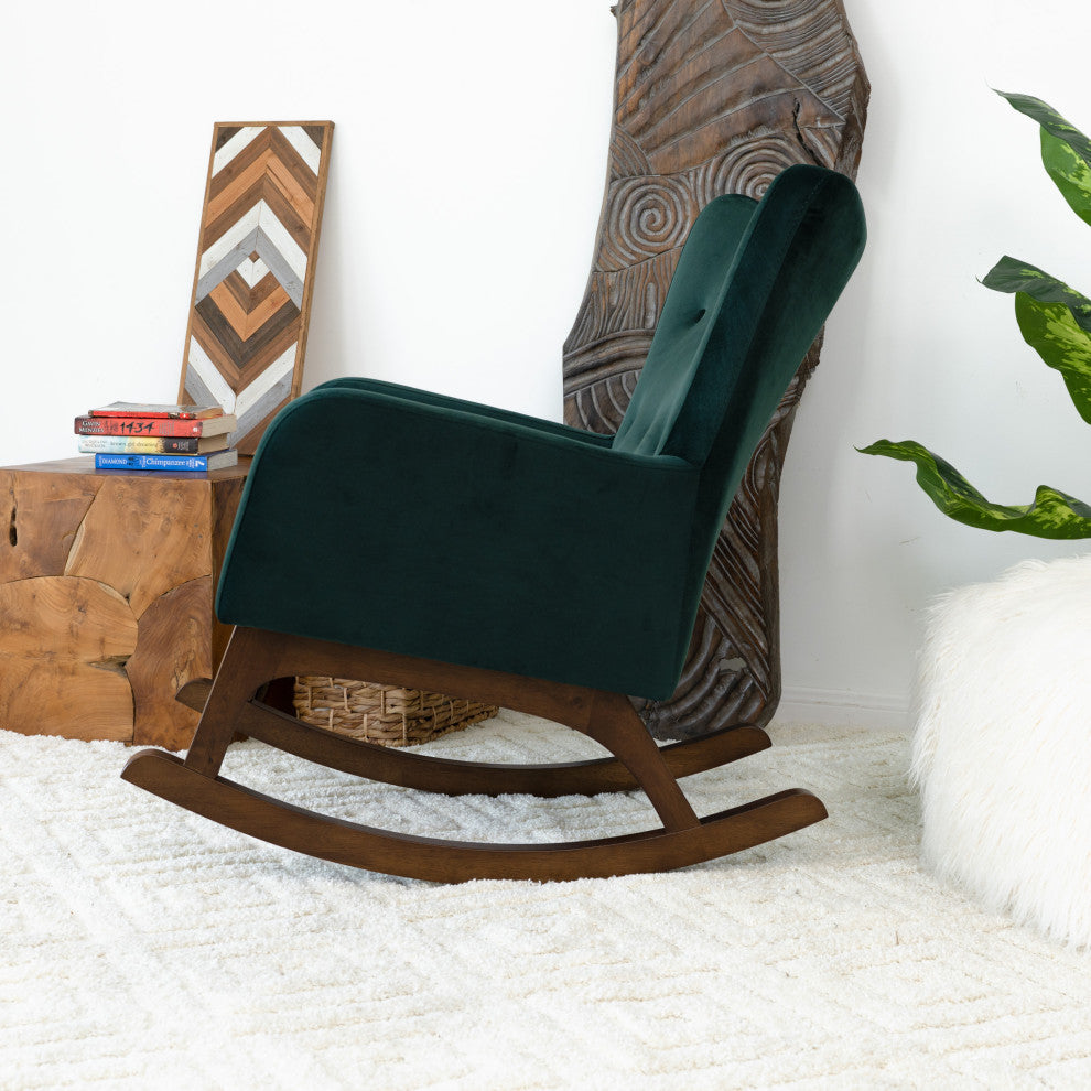 Charlotte Mid-Century Tufted Back Velvet Upholstered Rocking Chair, Green