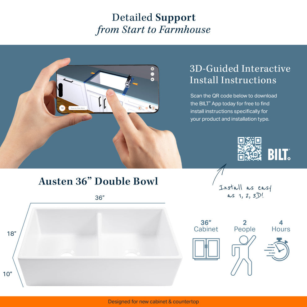 Austen Crisp White Fireclay 36" Double Bowl Farmhouse Undermount Kitchen Sink