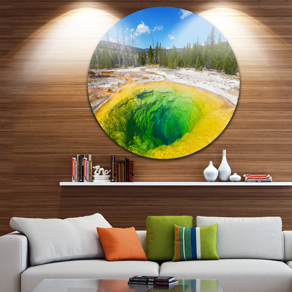 Morning Glory Pool Close-Up, Landscape Photo Round Metal Wall Art, 23"