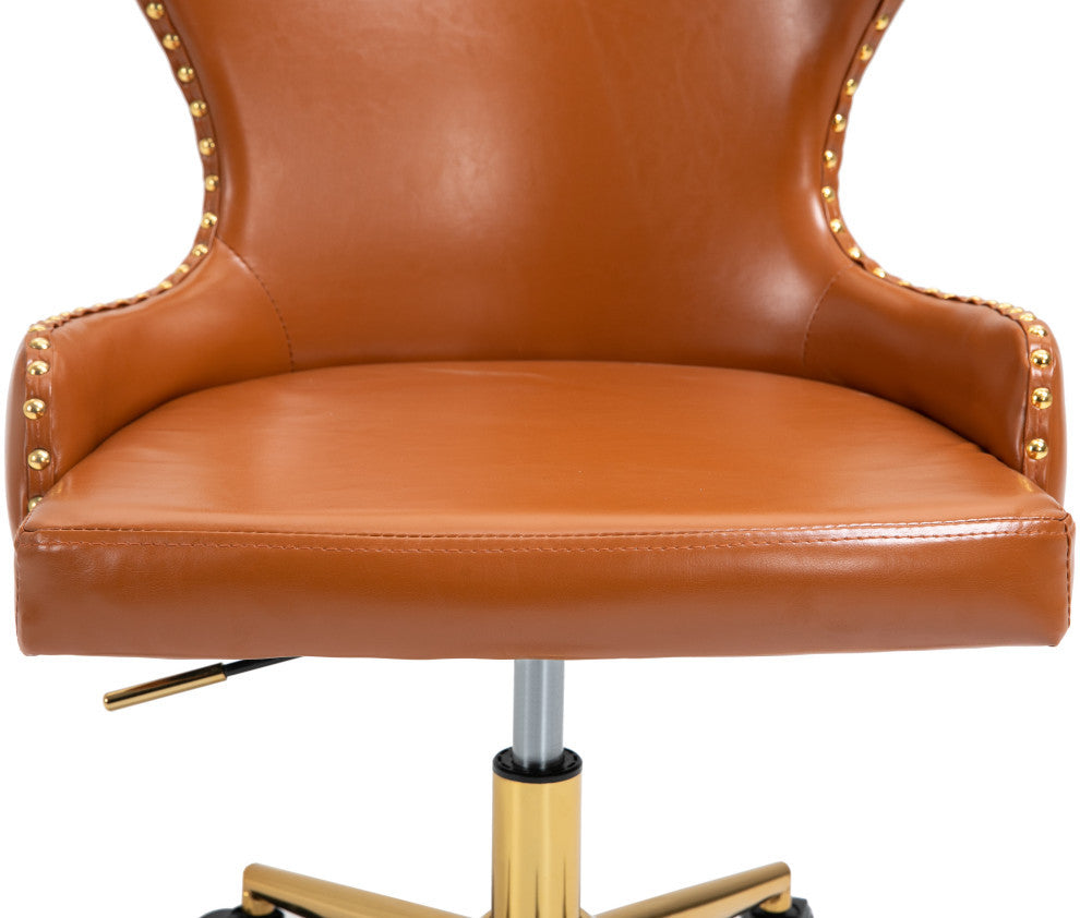 Hendrix Swivel and Adjustable Vegan Leather Office Chair, Cognac, Rich Gold Base