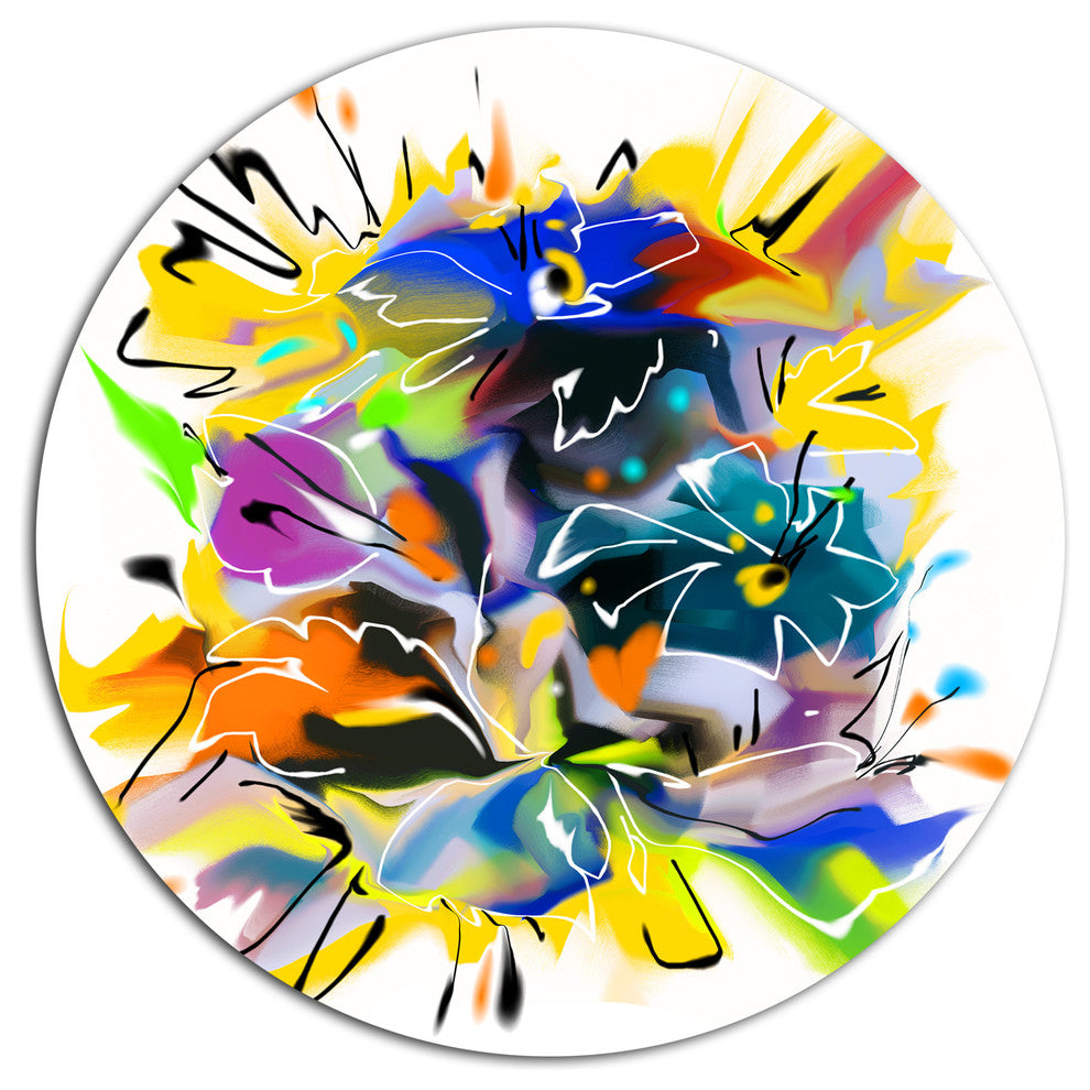 Yellow Blue Abstract Floral Design, Floral Round Metal Wall Art, 11"