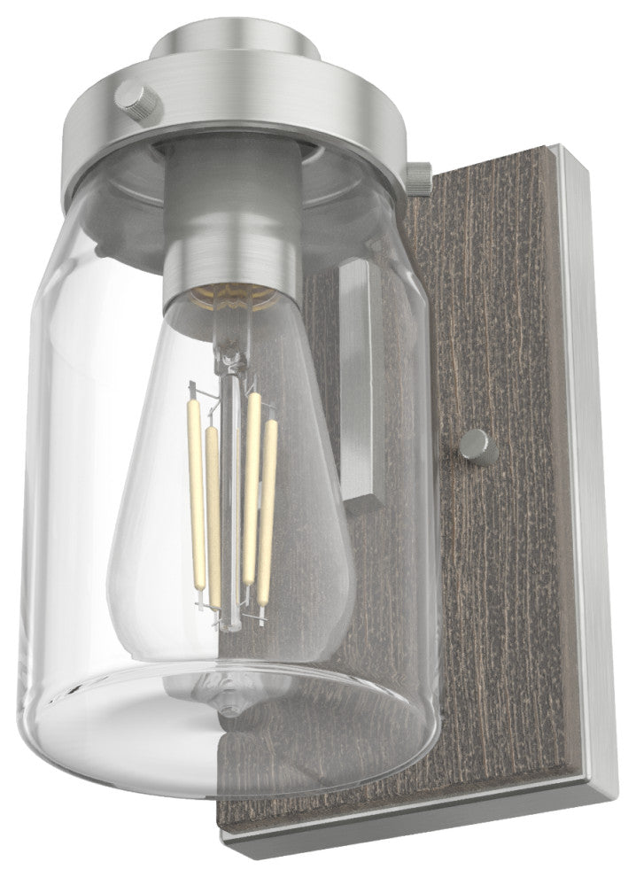 Devon Park Brushed Nickel and Grey Wood With Clear Glass 1 Light Sconce Wall
