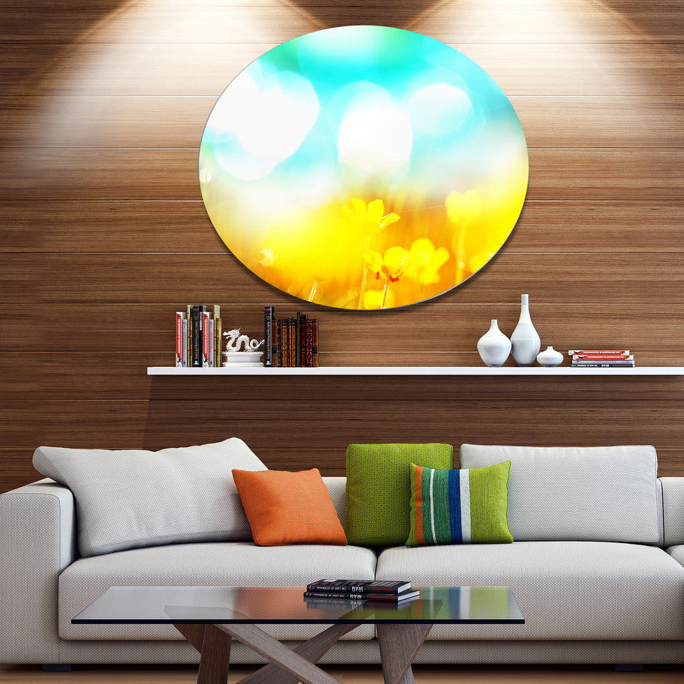 Yellow Flowers On Blue Background, Flower Large Disc Metal Artwork, 11"