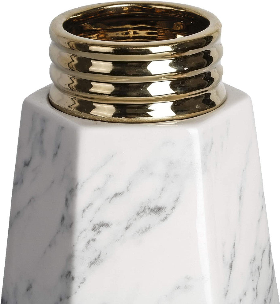 White Modern Ceramic Flower Vase, Marble Texture with Gold Detailing