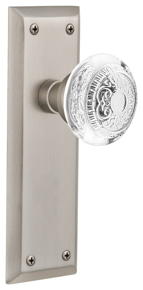 New York Plate Single Dummy Crystal Egg and Dart Knob, Satin Nickel, NYKCED
