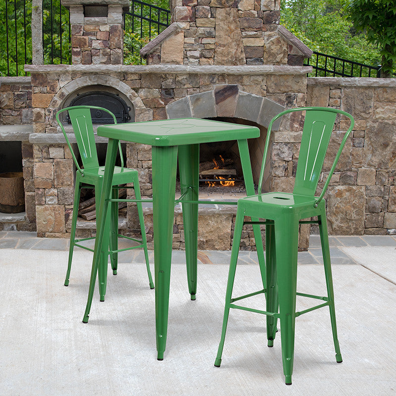 23.75" Square Green Metal Bar 3-Piece Table Set With 2 Stools With Backs