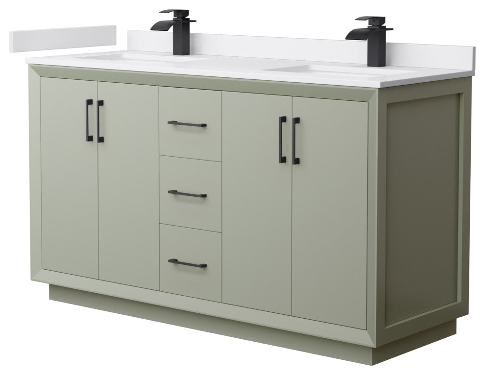 Strada 60" Light Green Double Vanity, Cultured Top, Black Trim