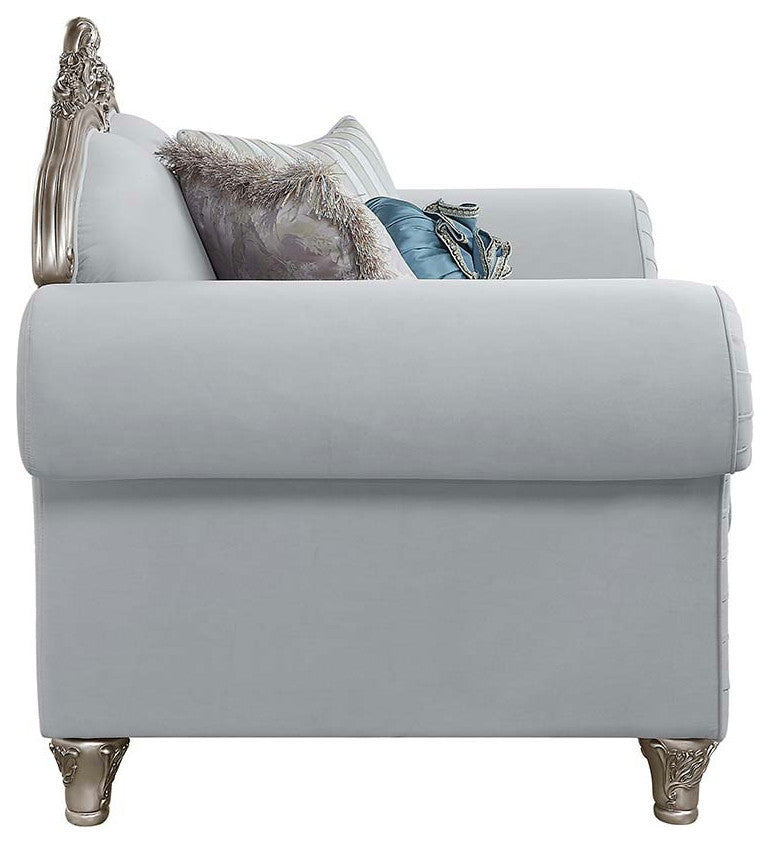 Chair With 3 Pillows, Light Gray Linen & Platinum Finish, Pelumi
