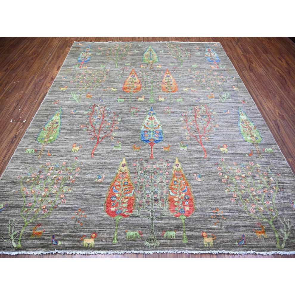 Wolf Gray Folk Art Willow Cypress Tree Design Wool Hand Knotted Rug 7'11"x9'5"