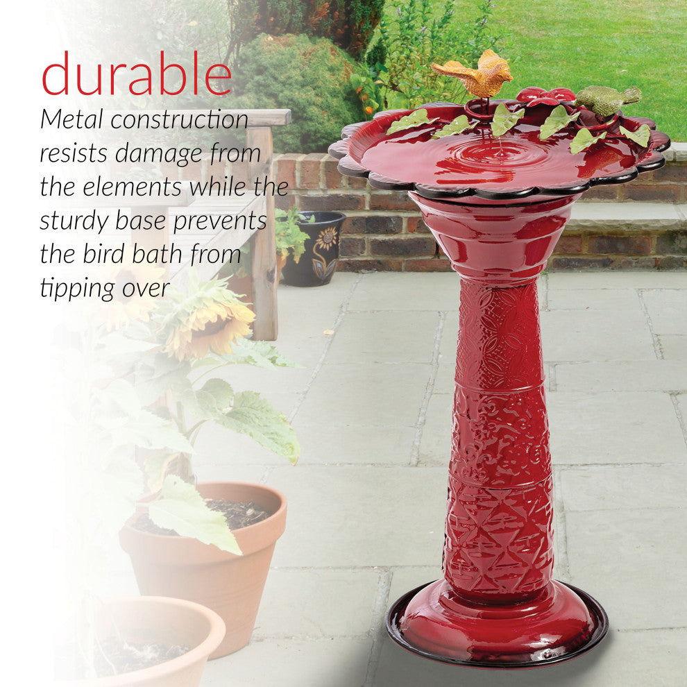 28" Tall Outdoor Metal Birdbath with Birds and Leaves Yard Statue, Red