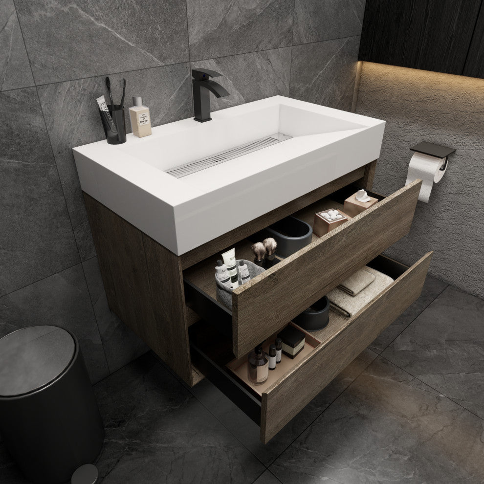 MAX 36" Floating Bath Vanity With Acrylic Sink, Gray Oak