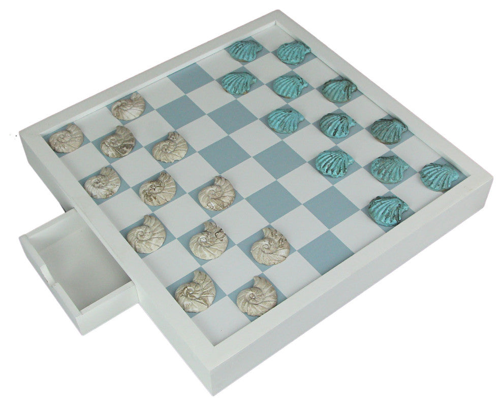 Coastal Themed Seashell Checkers Set With Game Board 13 Inches