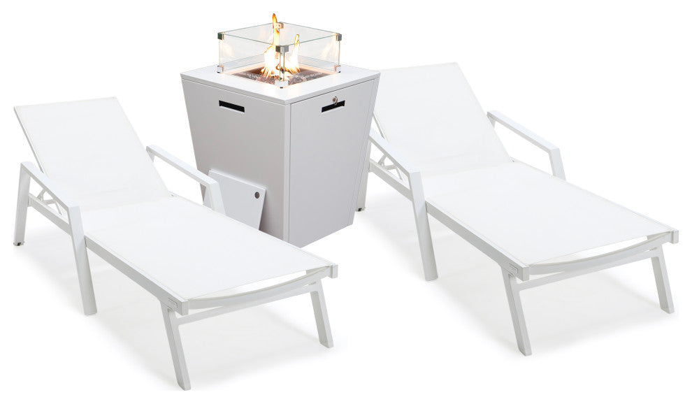 LeisureMod Marlin Chaise Lounge Set With Arms and Fire Pit Table, White