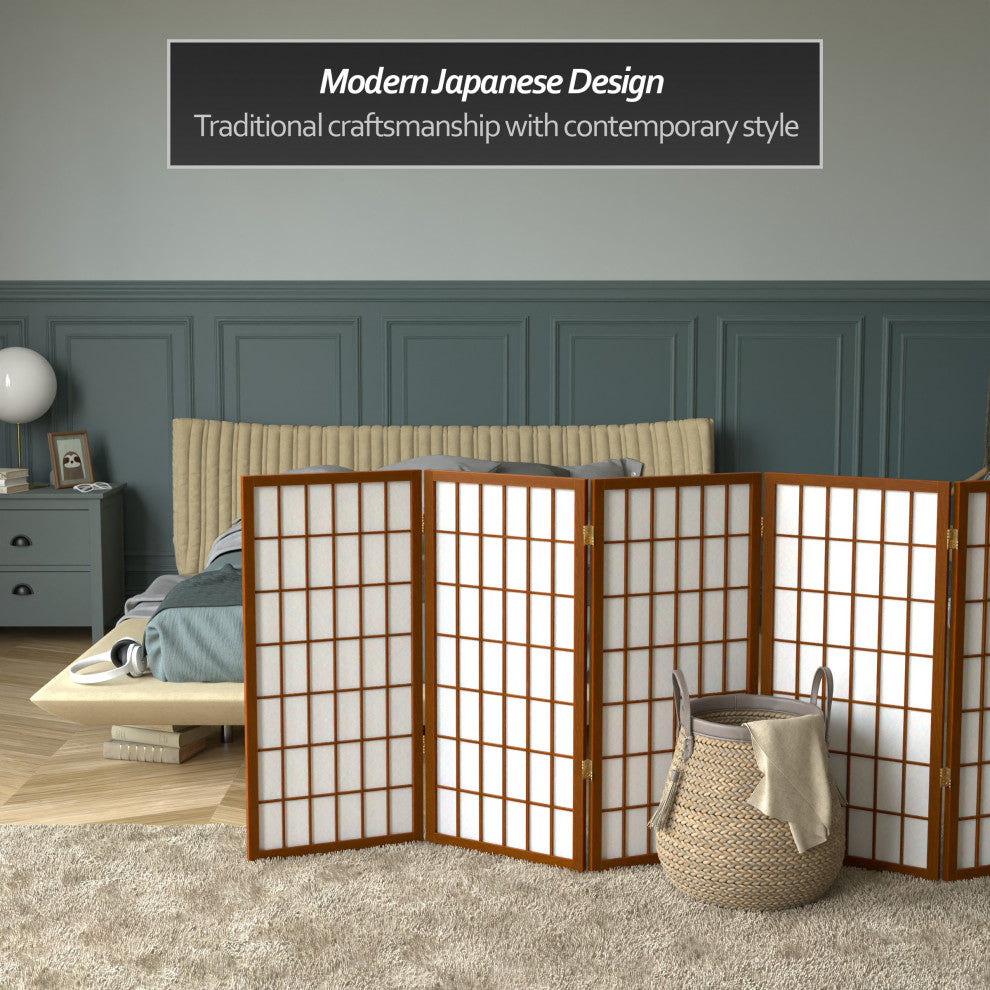 3' Tall Window Pane Shoji Screen, Walnut, 5 Panels