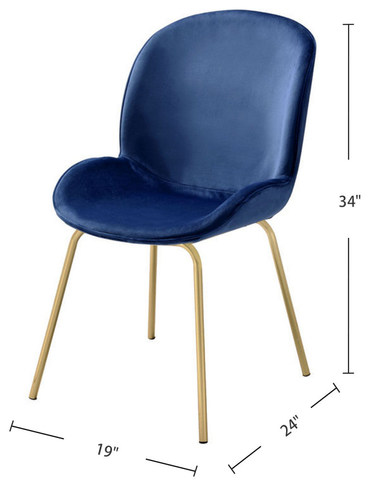 Set of 2 Blue Velvet Side Chair, Blue/Gold