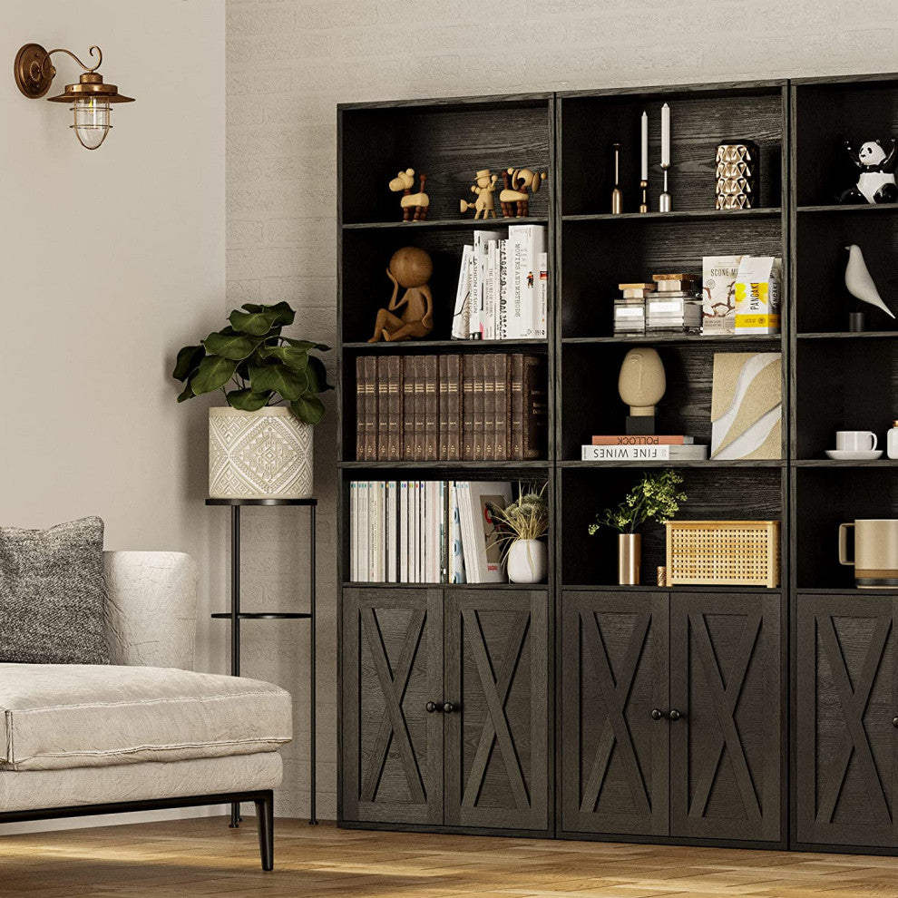 Industrial Bookshelf with Doors Floor Standing and 6 Storage Shelves 70 in Tall
