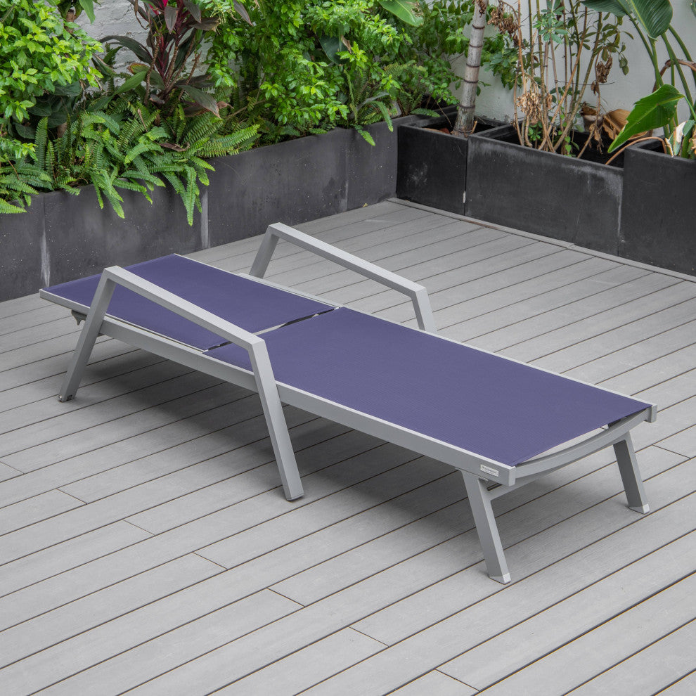 LeisureMod Marlin Patio Chaise Lounge Chair With Arms Gray Frame, Navy Blue