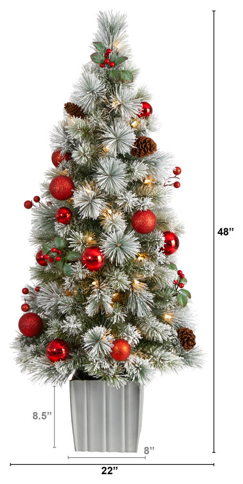 4' Winter Flocked Christmas Tree Pre-Lit With 50 LED Lights, Ornaments, Planter