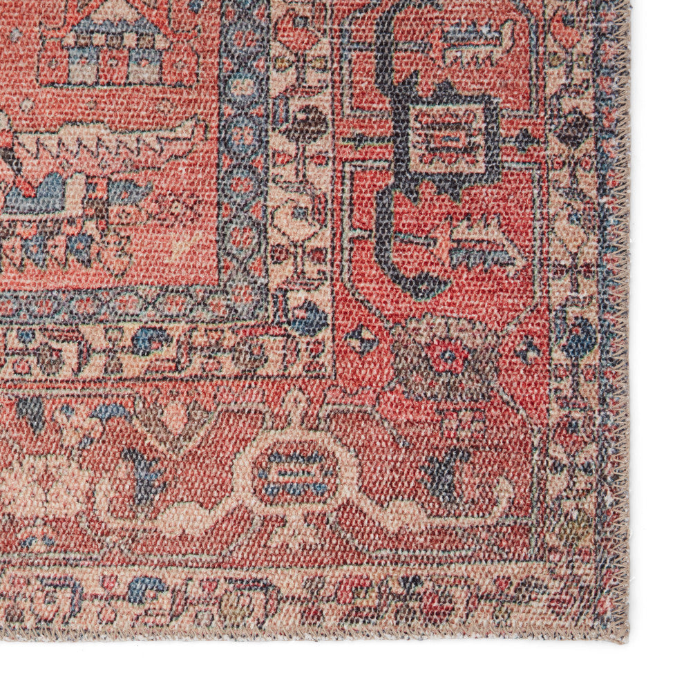Machine Washable Galina Oriental Red and Blue Runner Rug, 6'x9'