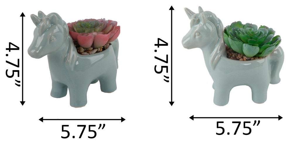 Set Of 2 Teal Ceramic Unicorn Succ