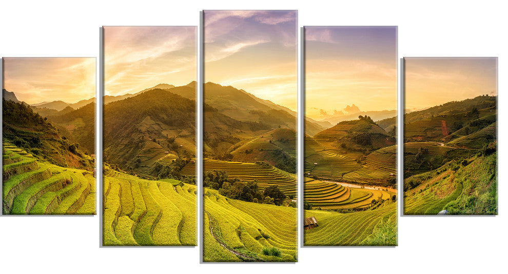 Rice Fields on Terraced Panorama, Landscape Canvas Art Print, 60"x32", 5 Panels