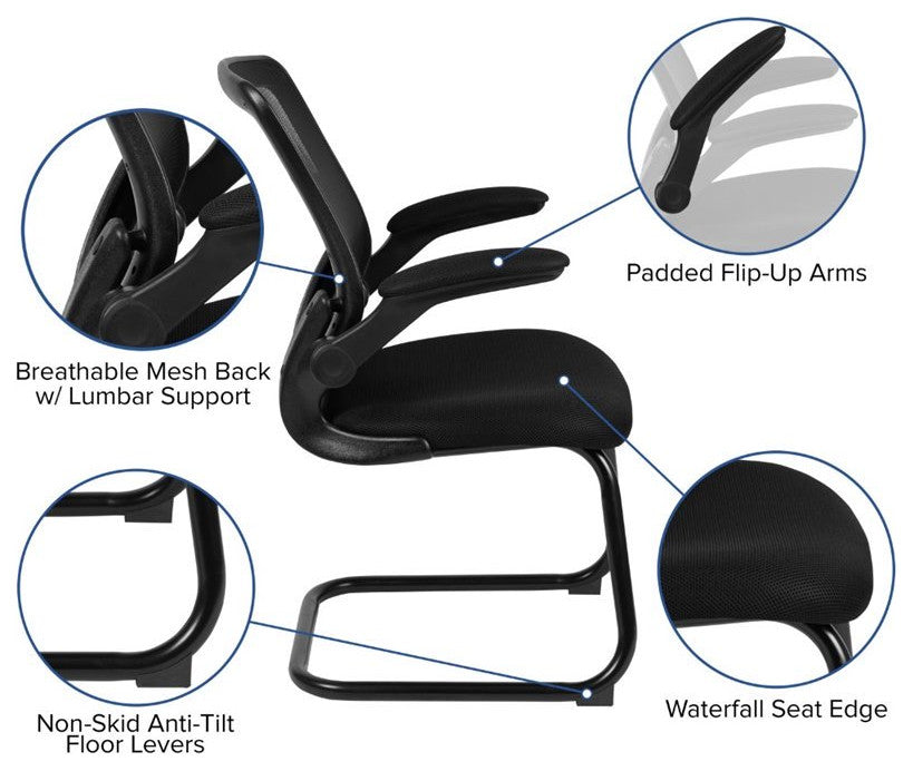 Black Mesh Sled Base Side Reception Chair With Flip-Up Arms