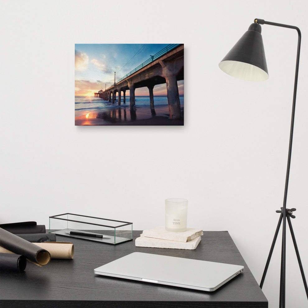 Tranquil Manhattan Beach Pier at Sunset Landscape Photo Canvas Wall Art Print, 12" X 16"