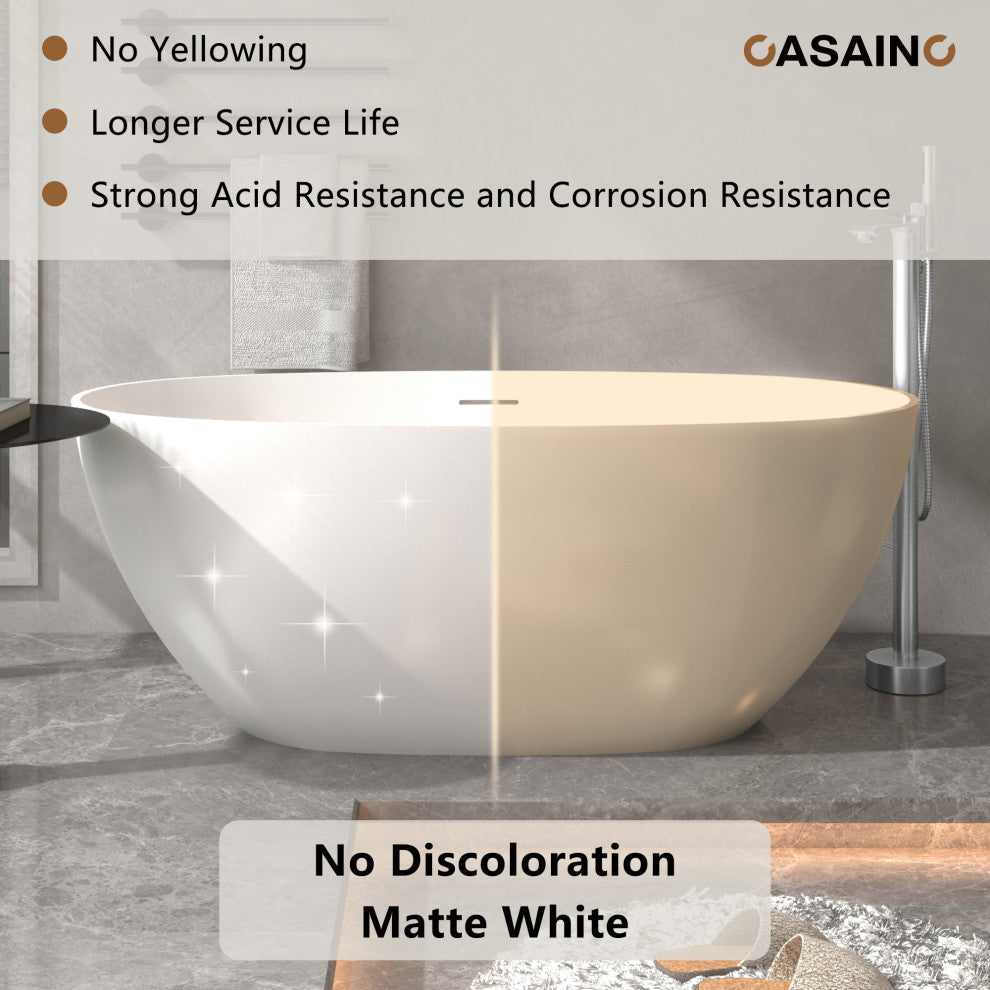 Freestanding Oval Solid Surface Stone Bathtub with Center Drain, Matte White, 59in