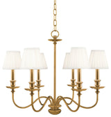 Menlo Park, Six Light Chandelier, Aged Brass Finish, Off White Faux Silk Shade