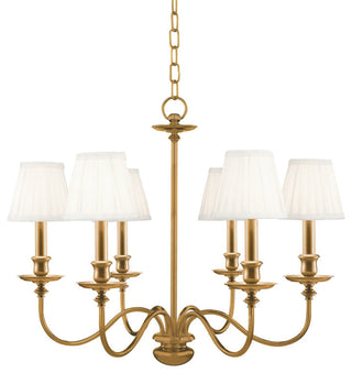 Menlo Park, Six Light Chandelier, Aged Brass Finish, Off White Faux Silk Shade