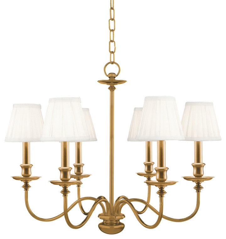 Menlo Park, Six Light Chandelier, Aged Brass Finish, Off White Faux Silk Shade