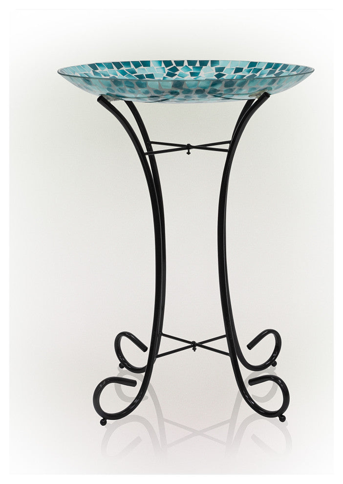24" Tall Outdoor Mosaic Dragonfly Glass Birdbath Bowl with Metal Stand