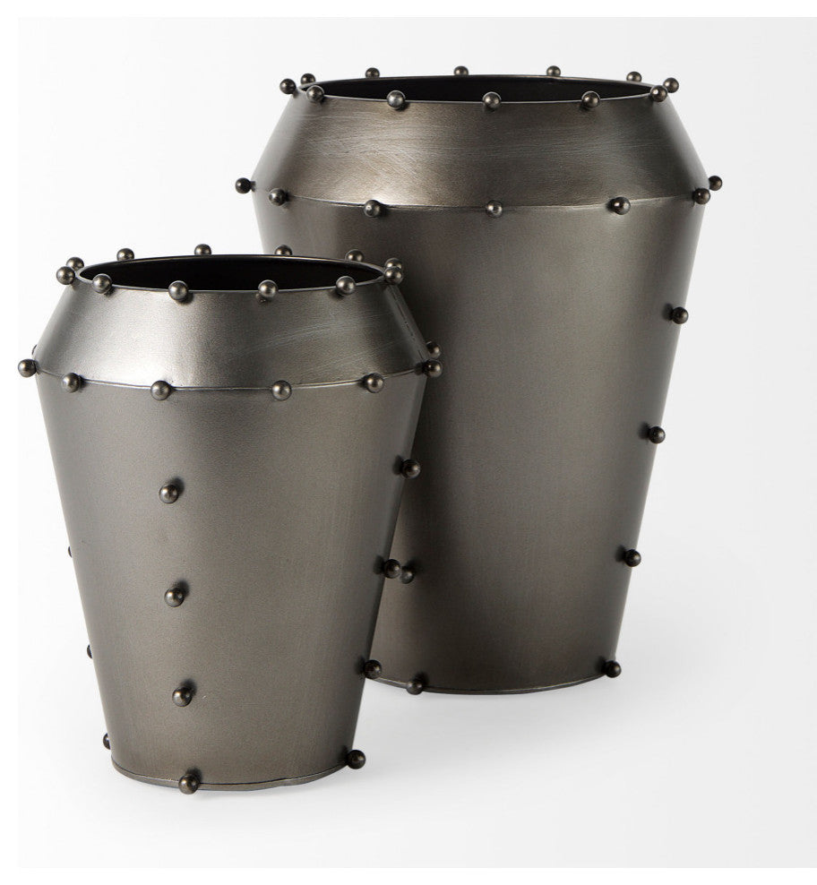 Elio 12.2H Large Gun Metal Gray Metal WithStuds Vase