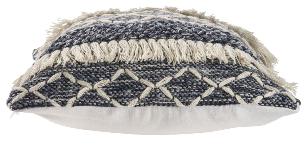 Navy and Ivory Textured with Fringe Throw Pillow