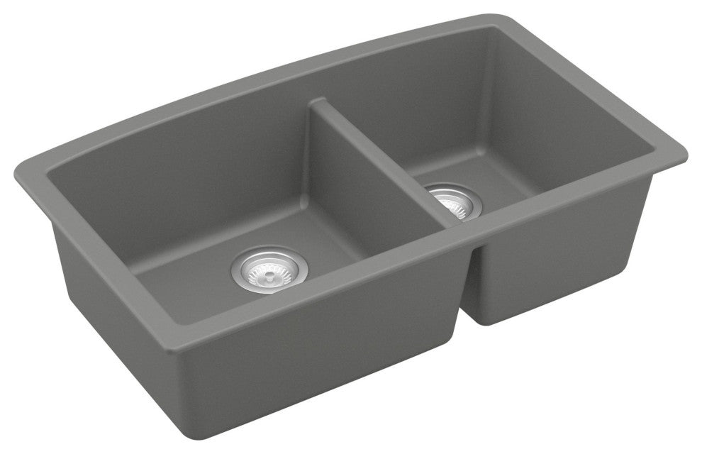 Karran Undermount Quartz 32" 60/40 Double Bowl Kitchen Sink Kit, Grey