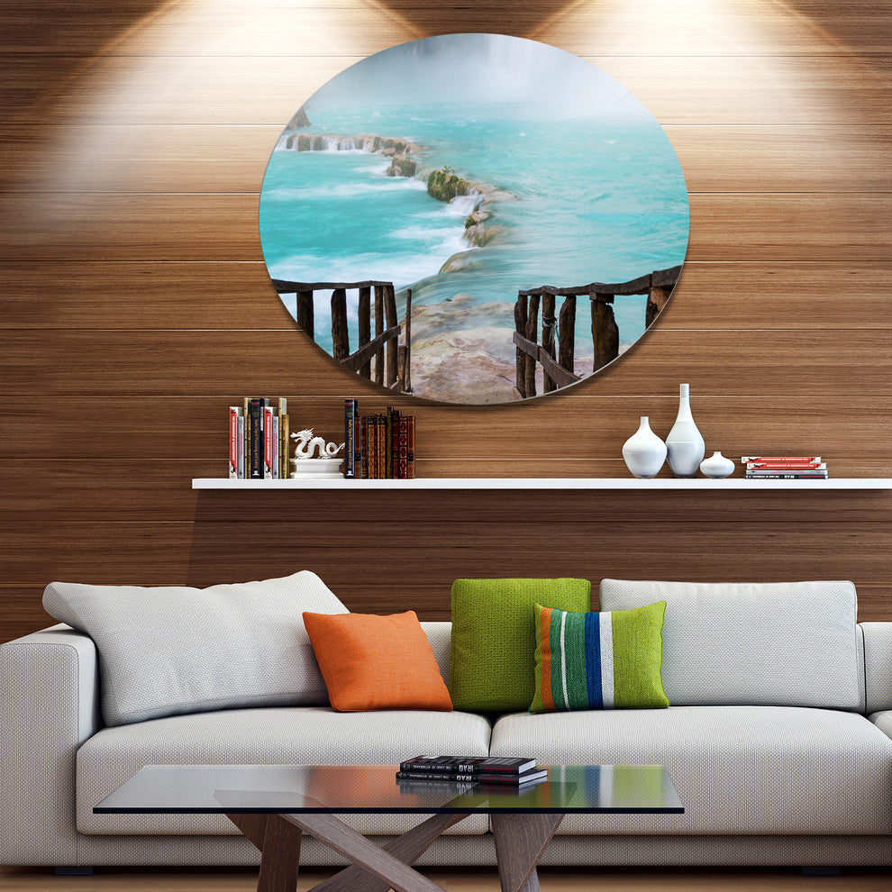 Old Bridge Into Mexico Waterfall, Seashore Round Metal Wall Art, 36"