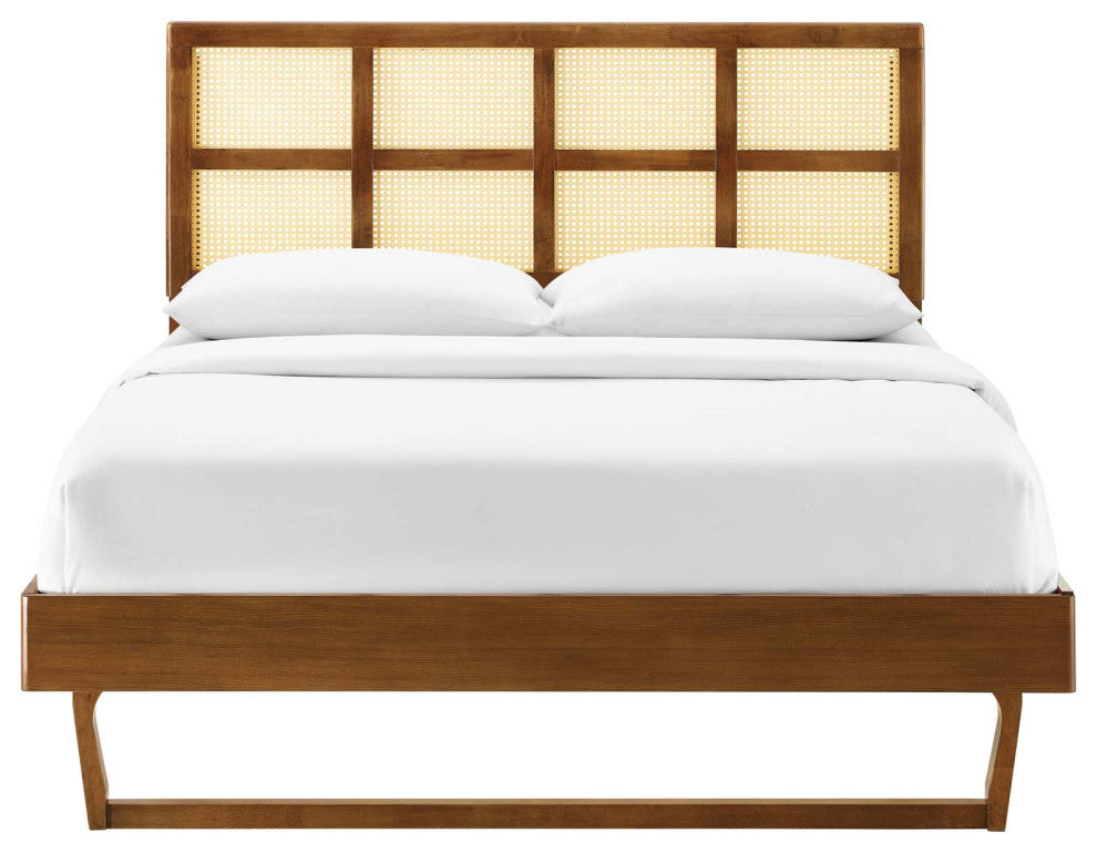 Platform Bed Frame, Queen Size, Wood, Brown Walnut, Modern Mid-Century, Bedroom