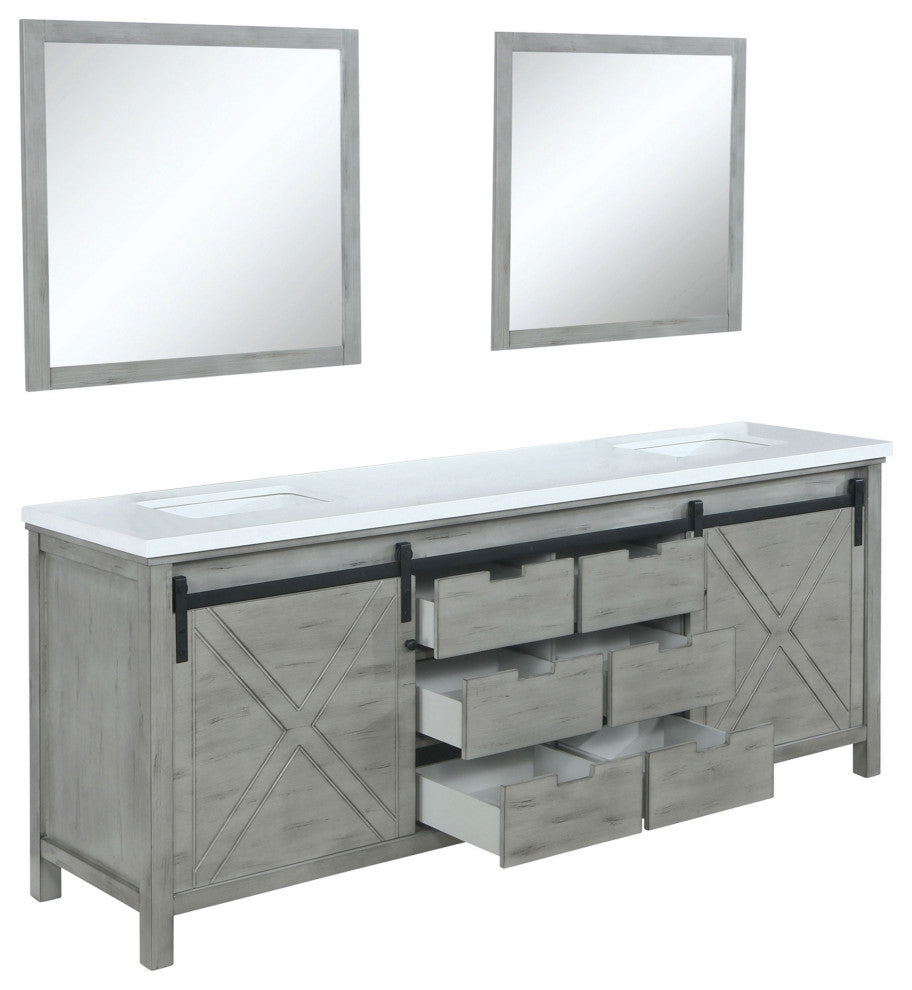 Marsyas 80" Ash Gray Double Vanity Ash Gray Quartz Top Sinks, 30" Wall Mirrors
