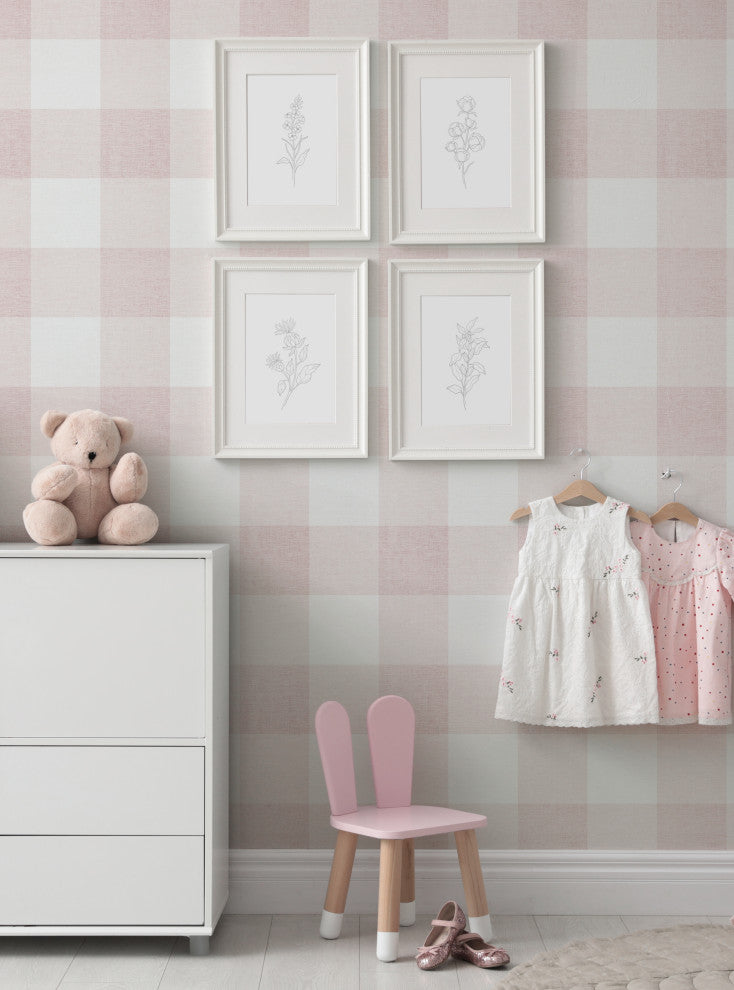 Checkered Fabric Look Medium Peel and Stick Vinyl Wallpaper, Pink, 24"x108"