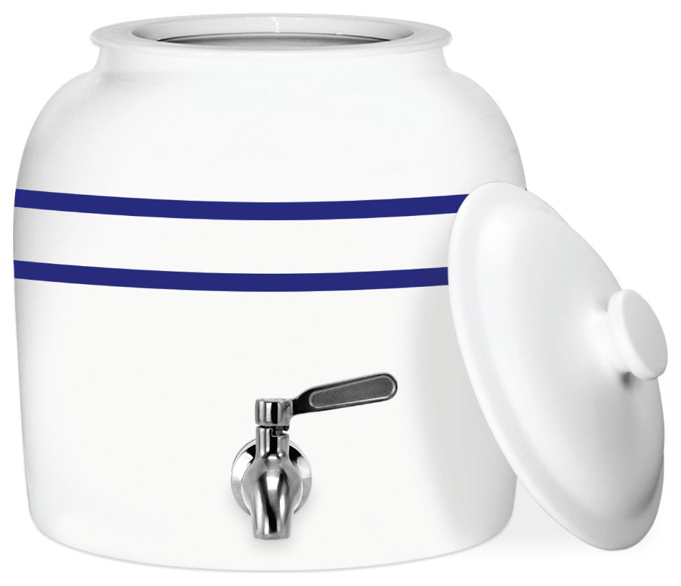 Blue Stripe Porcelain Ceramic Water Dispenser Crock With Faucet, Lead Free
